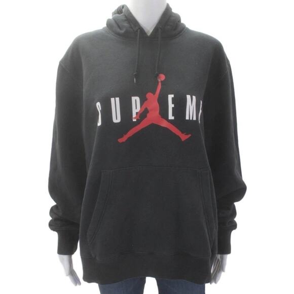 Supreme x Jordan Hooded Sweatshirt Size Large Black Fall 2015 Big Logo Front - Picture 1 of 10
